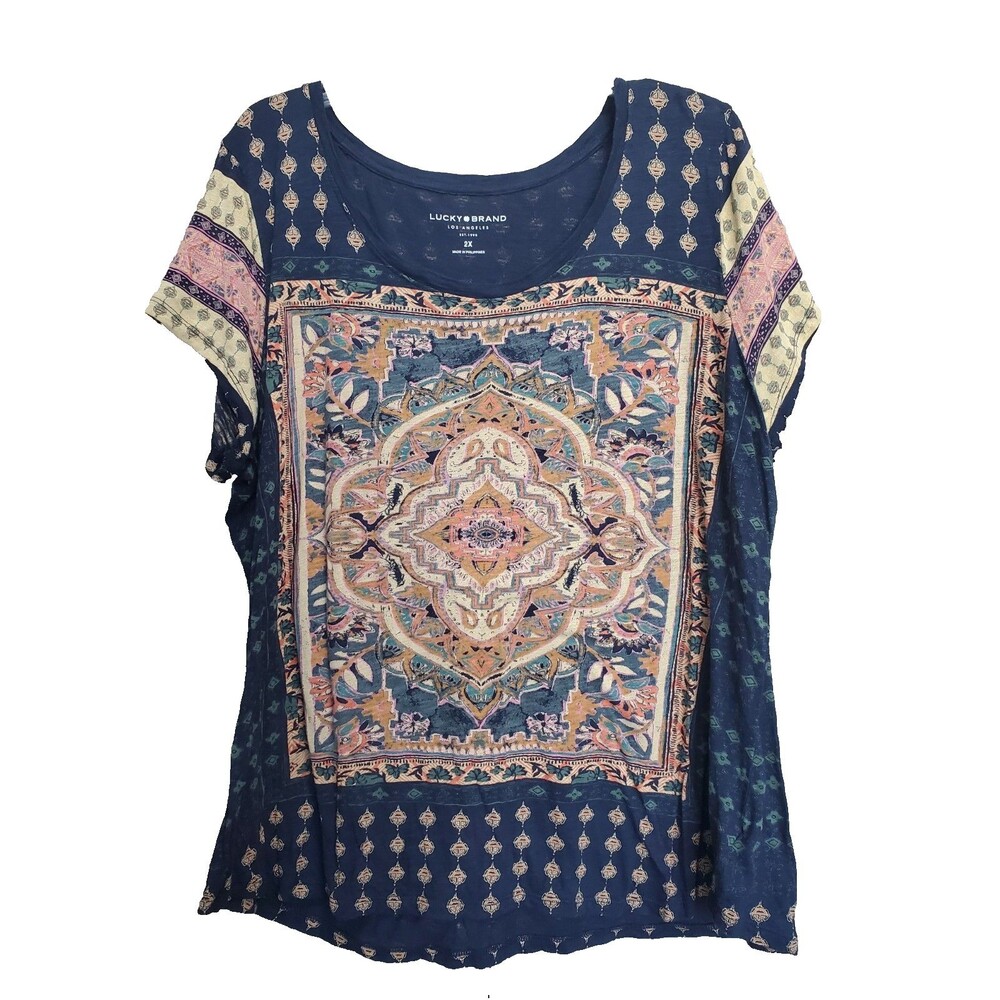 Lucky Brand Cotton Blend Persian Carpet Print Scoop Neck Short Sleeve Top 2X
